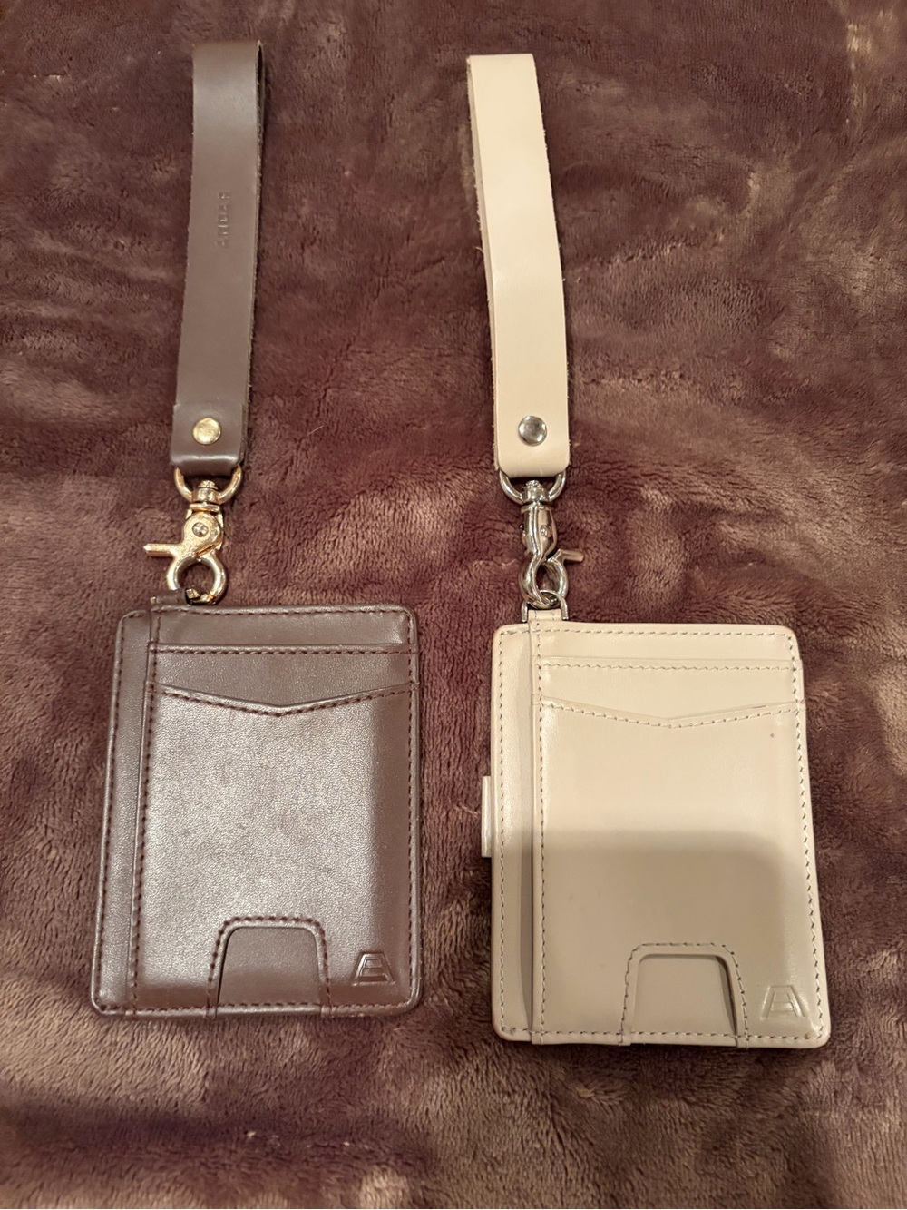 Double Leather Card Holder with Wrist Strap - Brown & Beige